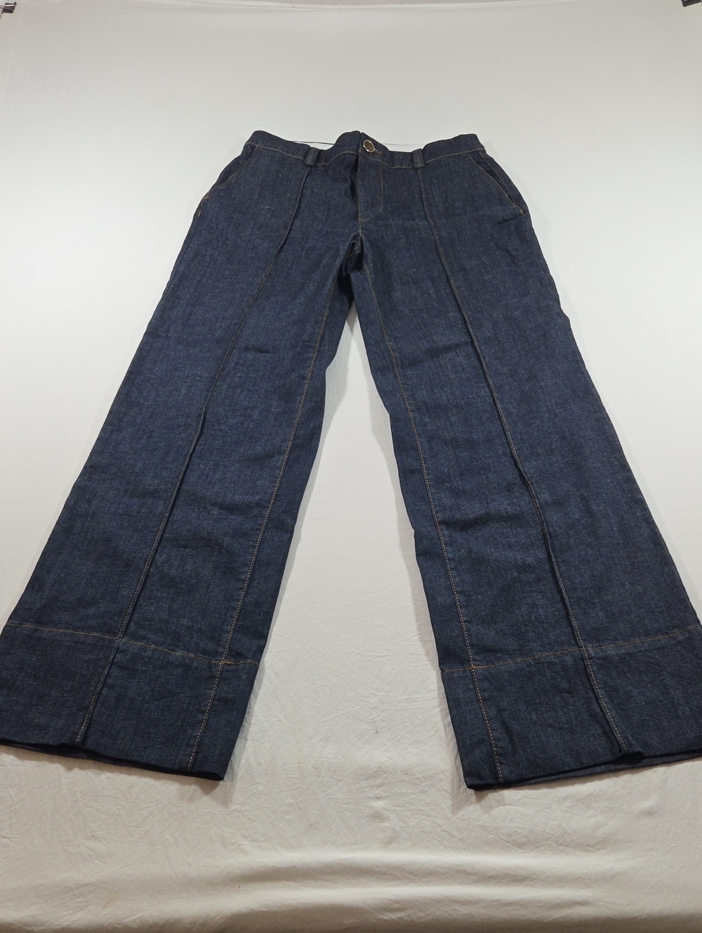 ZARA Bootcut Wide Leg Dark Blue Jeans Front Crease Elastic Waist Y2k Minimalist